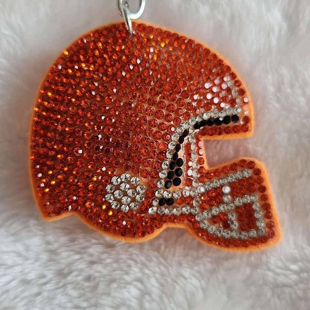 Orange Helmet and Brown Football Rhinestone Keychain Set